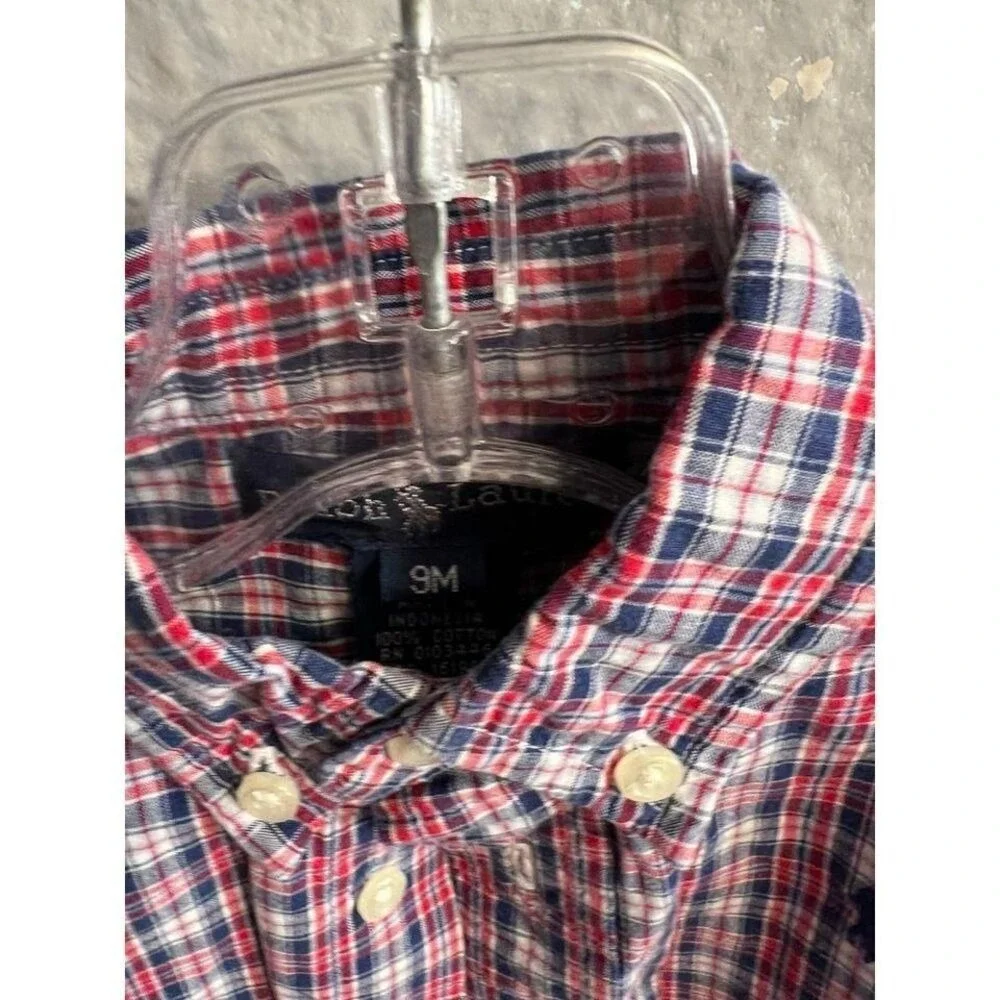 Boys Ralph Lauren red white blue short sleeve button up‎ shirt size 9 months